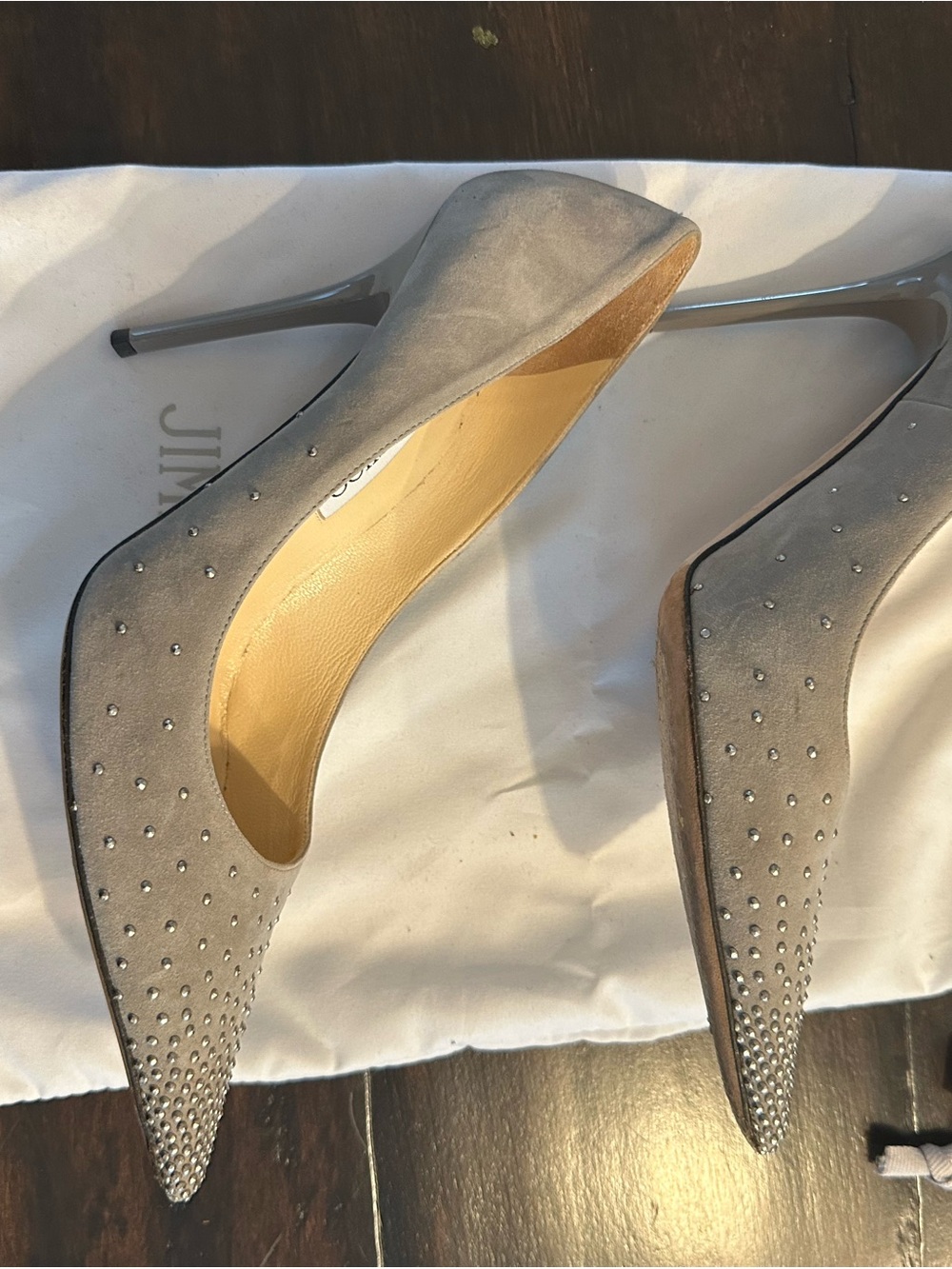 Jimmy Choo Grey Suede Pointed Toe Heels with Crystal Studs